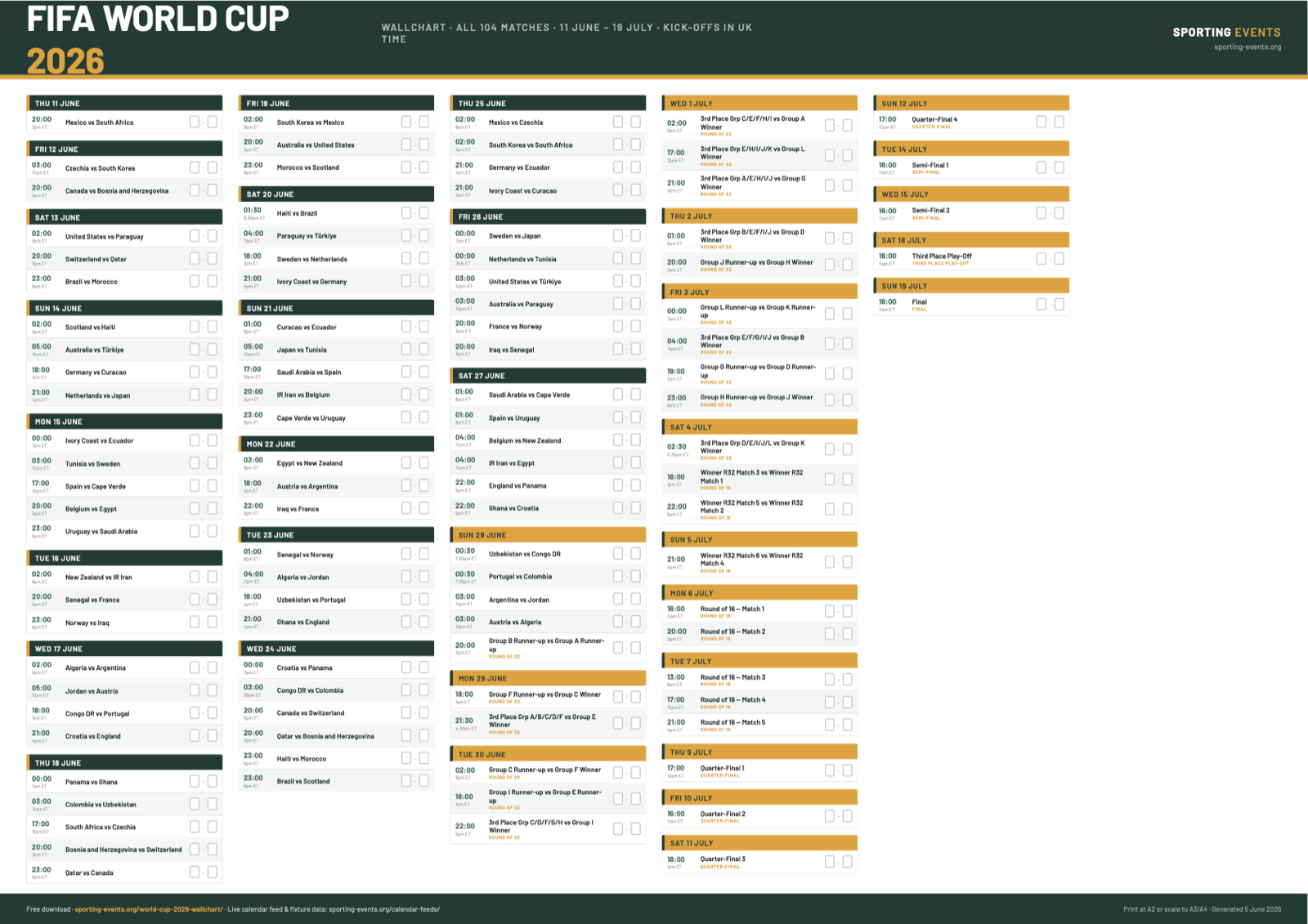 World Cup 2026 wallchart preview: all 104 matches with UK kick-off times and score boxes